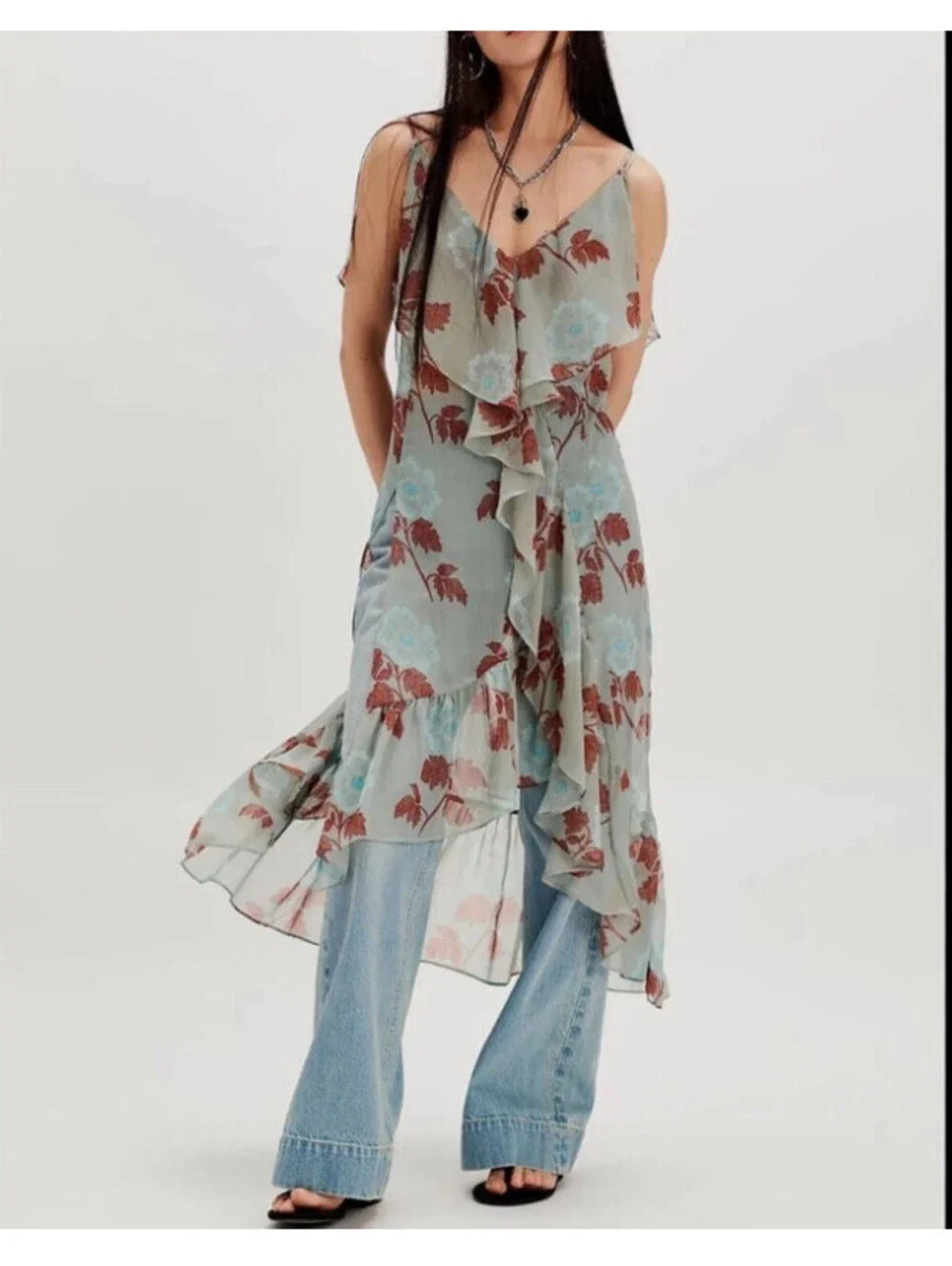 NWOT Free People Sunfaded Ruffle Floral Print Maxi Top- Sage Combo XS $148msrp